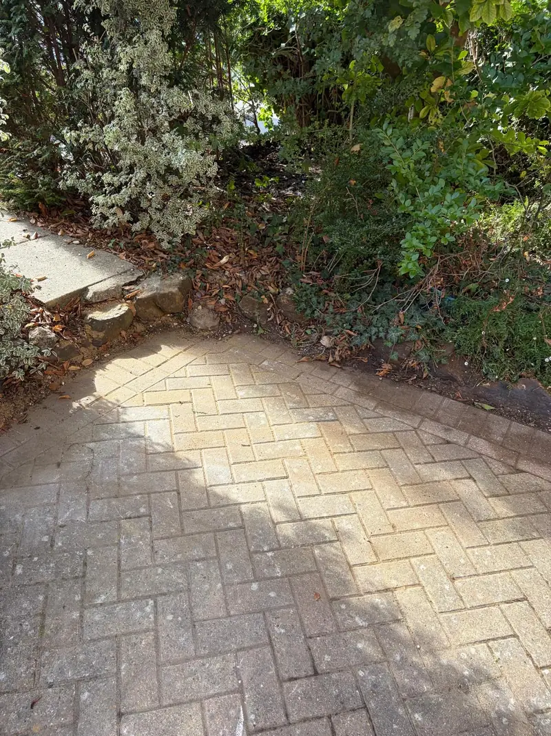 Reinstated block paving beside planting following water supply pipe work.