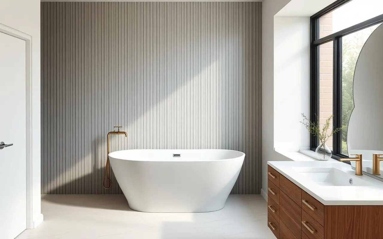 Modern white bathroom installation by Grange Plumbing with walk-in shower and freestanding bath