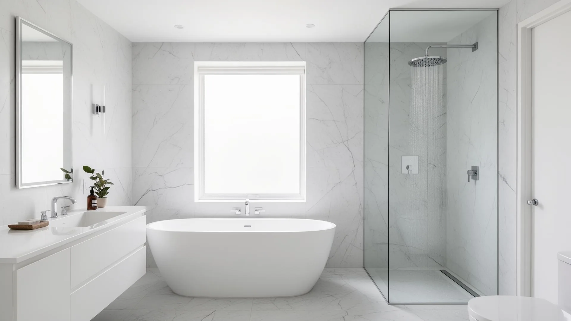 Modern white bathroom installation by Grange Plumbing in Sussex with freestanding bath and walk-in glass shower