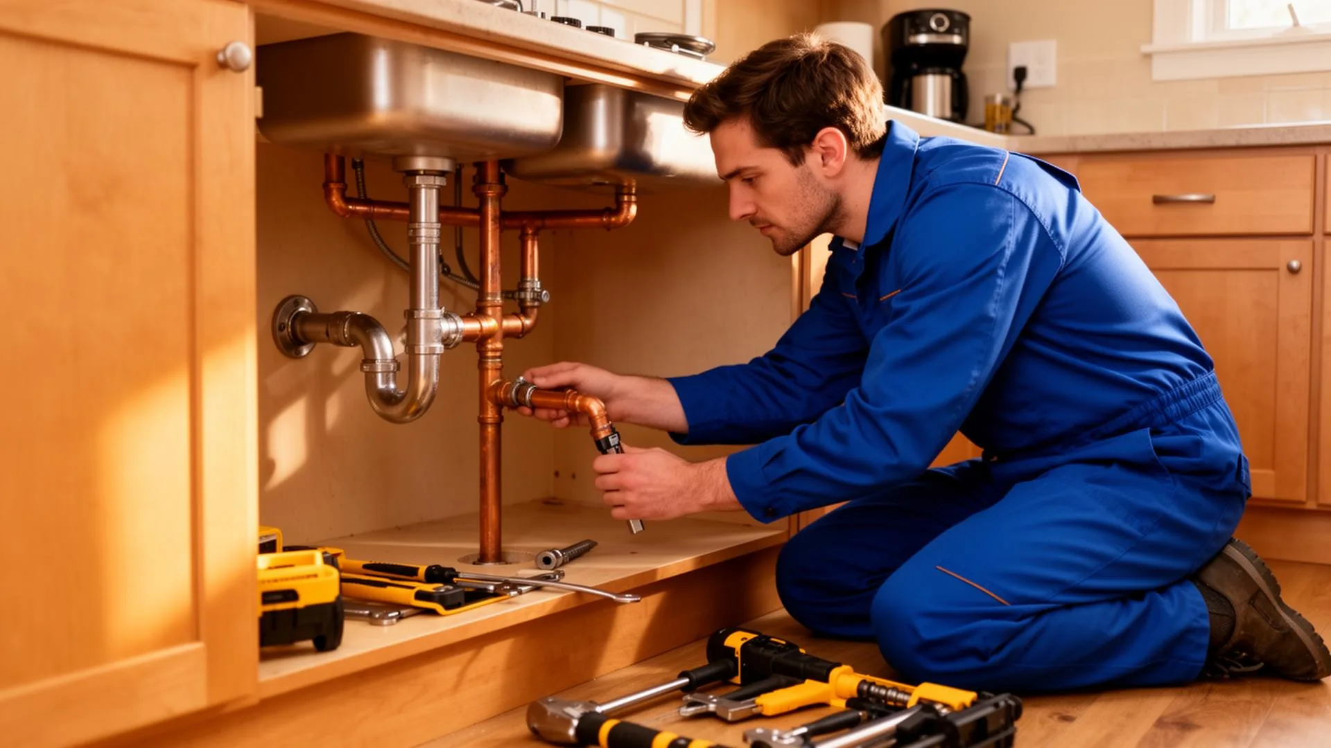 Grange Plumbing engineer fitting new copper pipework under a kitchen sink in Sussex